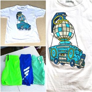 Fortnite 💣 💥 GAMER SHIRT battle BUS 🩳  and3 pair shorts with pockets. size L